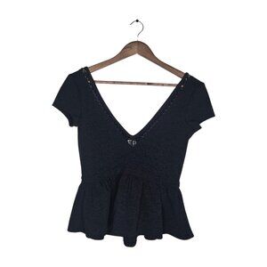 Free People Black Peplum V Neck Blouse